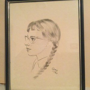 Vintage original drawing girl portrait Anne 1961 framed